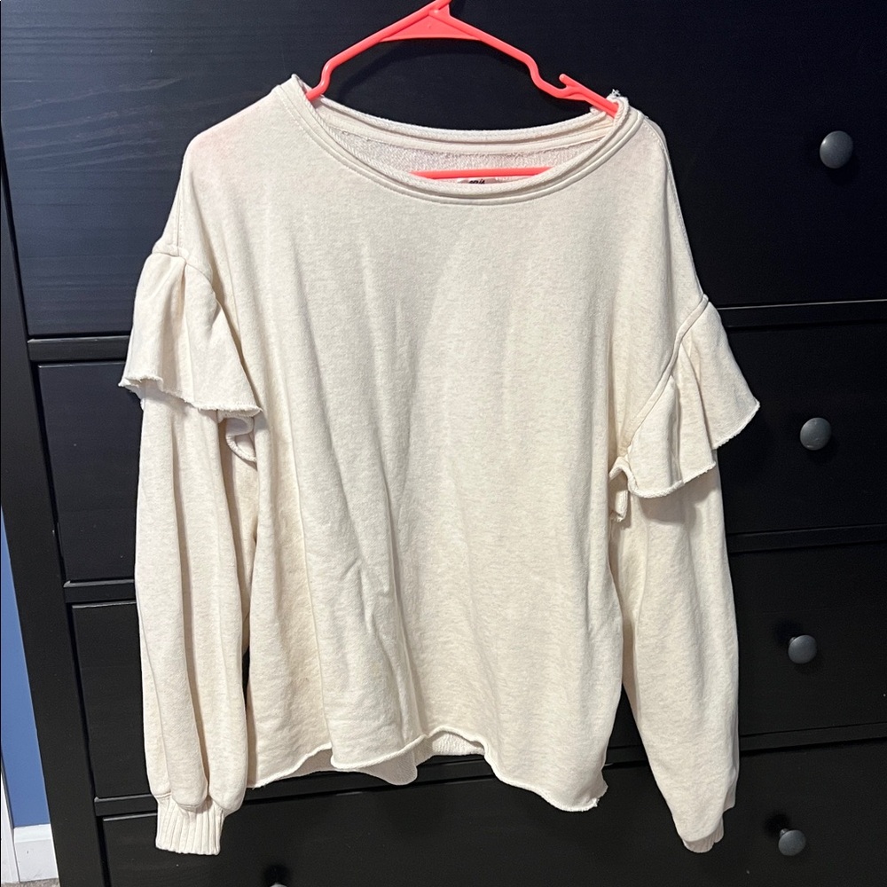 aerie Cream Ruffle Sleeve Pullover Sweatshirt
